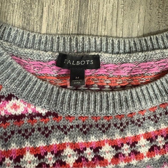 Talbots Women’s Sz M Lambswool Blend Fair Isle Nordic Crewneck Sweater Pink Gray - Picture 3 of 10